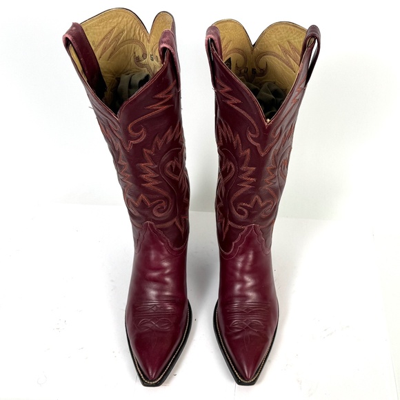 Handmade Austin-Hall Cowboy Boots - Wmns Sz 9B - Burgundy 14" Tall Pointy Toe - Picture 13 of 16